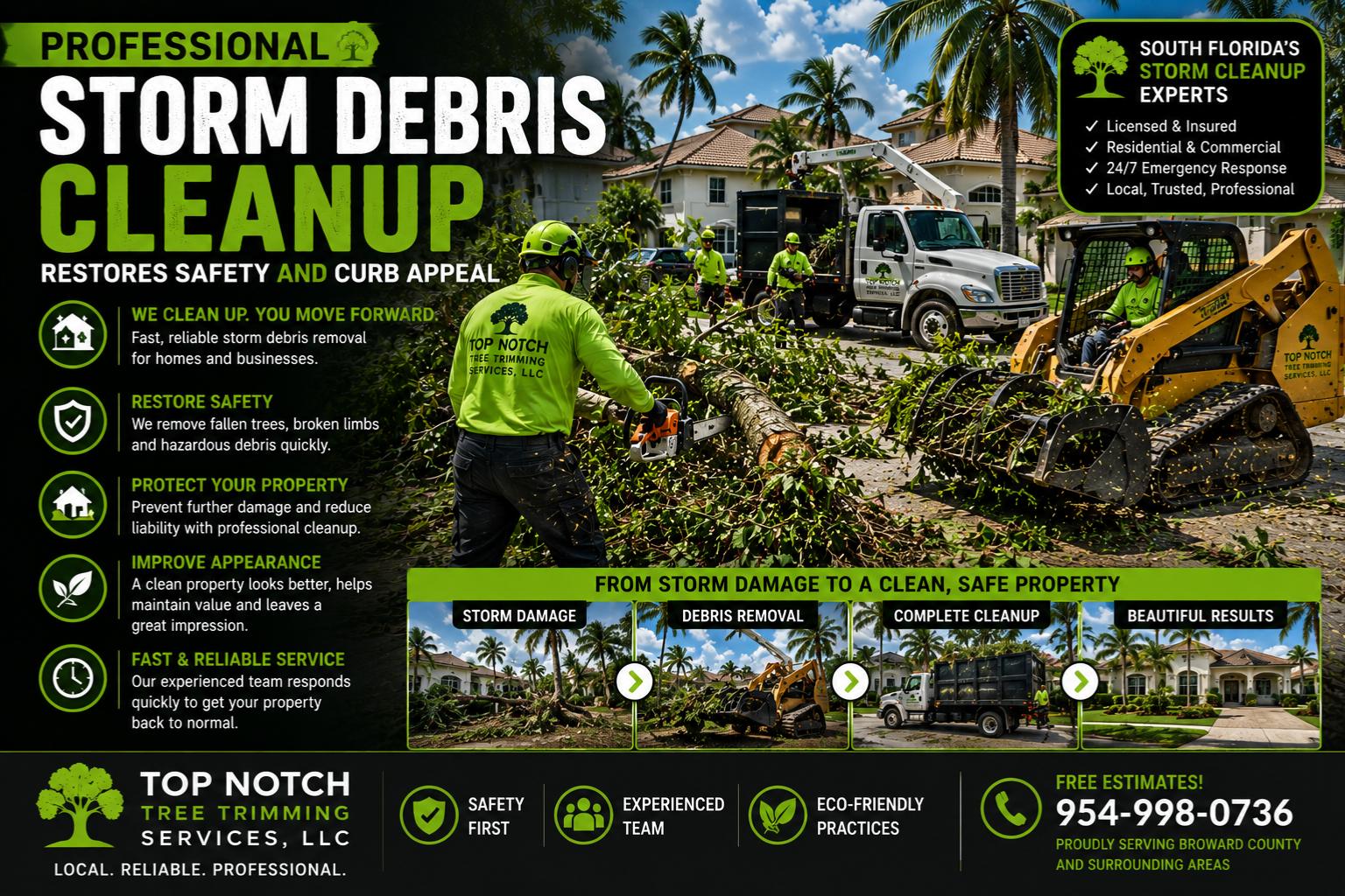 Professional Storm Debris Clean up For Storms Hurricanes Top Notch Tree Trimming Services Serving South Florida, Broward, Miami-Dade and Palm Beach Counties